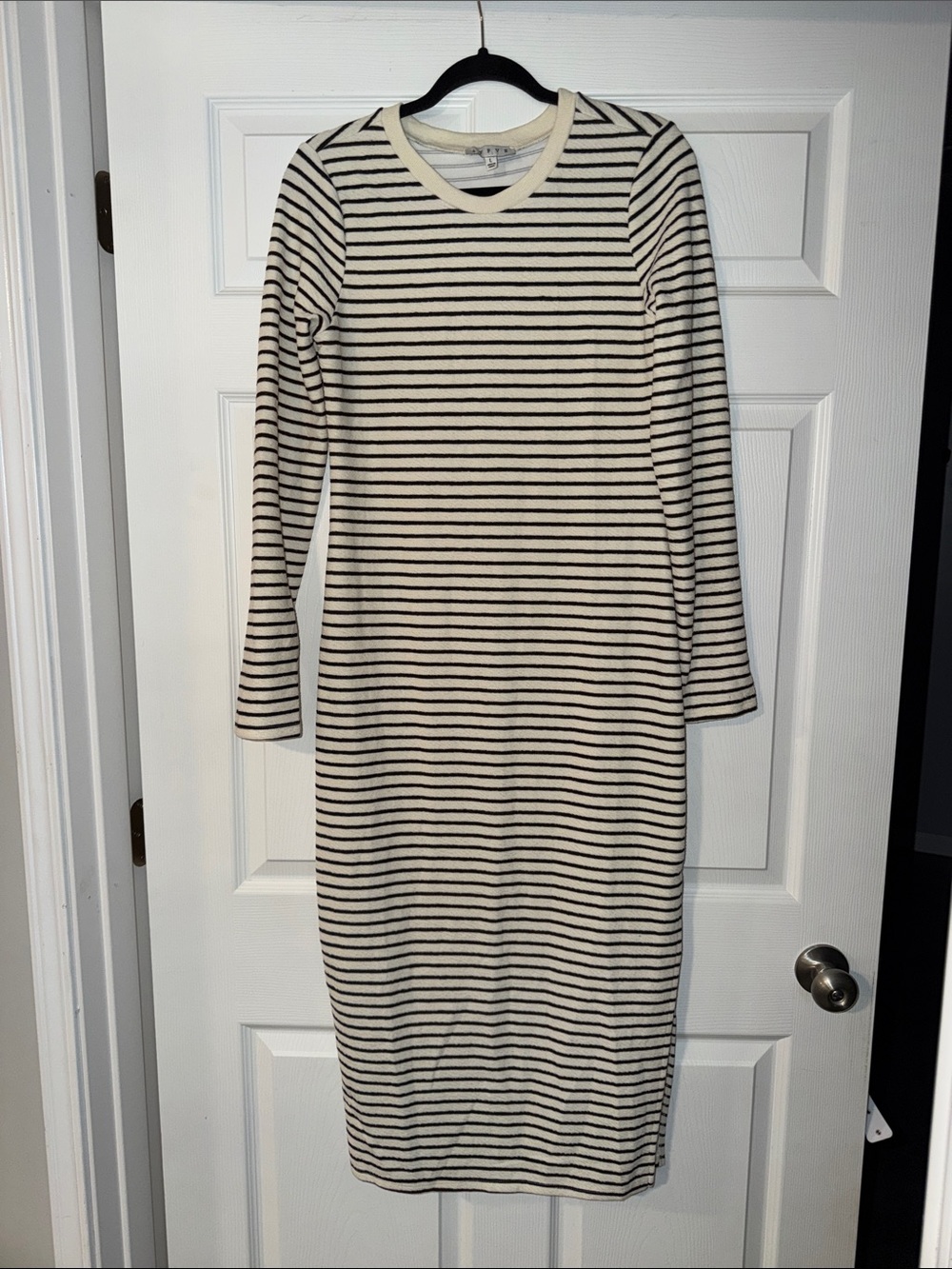 Striped Long Sleeve Midi Dress in Cream and Black
